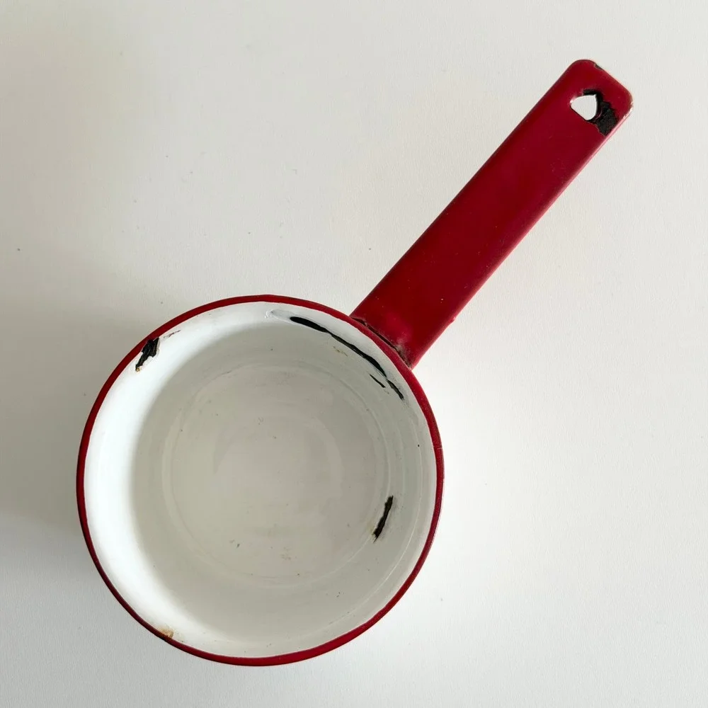 Vintage Mid-Century Enamelware Sauce Pot Red/White 5